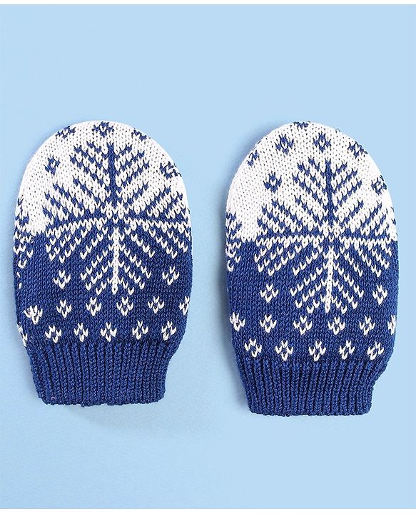 Babyhug 100% Cotton Organic Woollen Caps With Mittens Snow Print - Blue & White