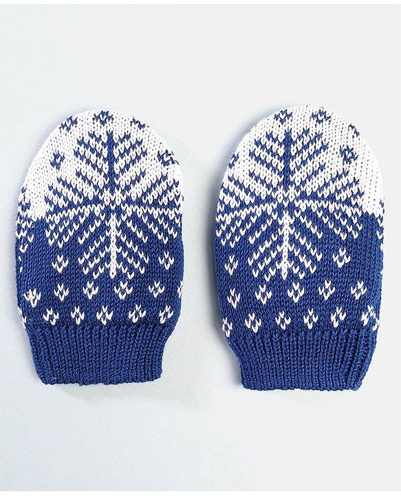 Babyhug 100% Cotton Organic Woollen Caps With Mittens Snow Print - Blue & White
