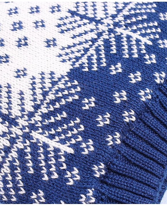 Babyhug 100% Cotton Organic Woollen Caps With Mittens Snow Print - Blue & White