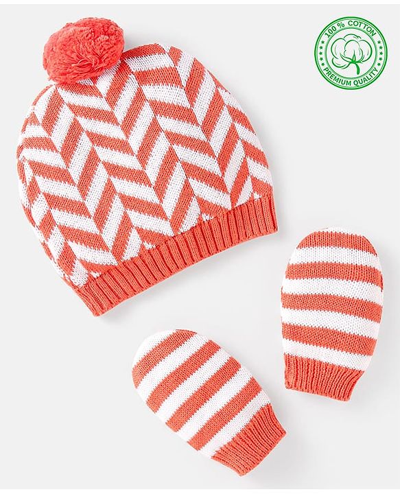 Babyhug 100% Organic Woollen Cap & Mittens With Pom Pom Applique & Chevron Design Orange - Diameter 9.5 cm