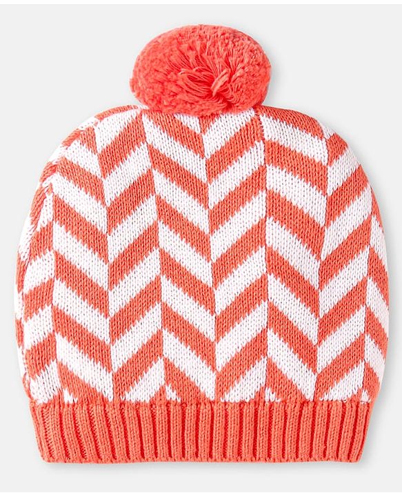 Babyhug 100% Organic Woollen Cap & Mittens With Pom Pom Applique & Chevron Design Orange - Diameter 9.5 cm