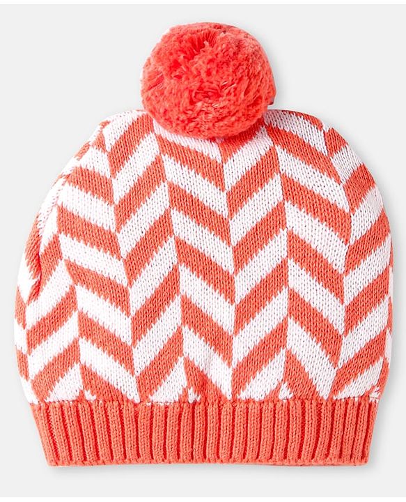 Babyhug 100% Organic Woollen Cap & Mittens With Pom Pom Applique & Chevron Design Orange - Diameter 9.5 cm