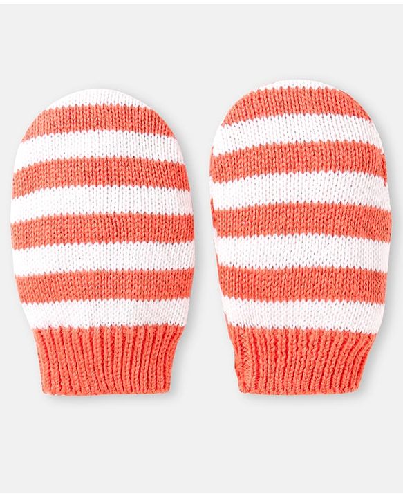 Babyhug 100% Organic Woollen Cap & Mittens With Pom Pom Applique & Chevron Design Orange - Diameter 9.5 cm