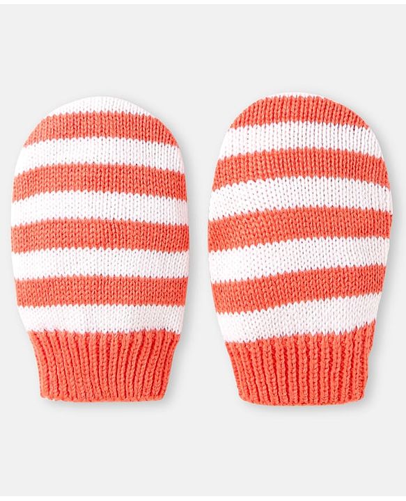 Babyhug 100% Organic Woollen Cap & Mittens With Pom Pom Applique & Chevron Design Orange - Diameter 9.5 cm