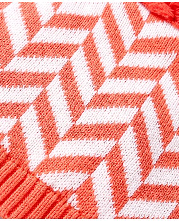Babyhug 100% Organic Woollen Cap & Mittens With Pom Pom Applique & Chevron Design Orange - Diameter 9.5 cm