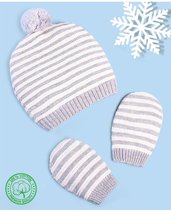 Babyhug 100% Cotton Organic Woollen Striped Caps With Mittens  - Grey & White