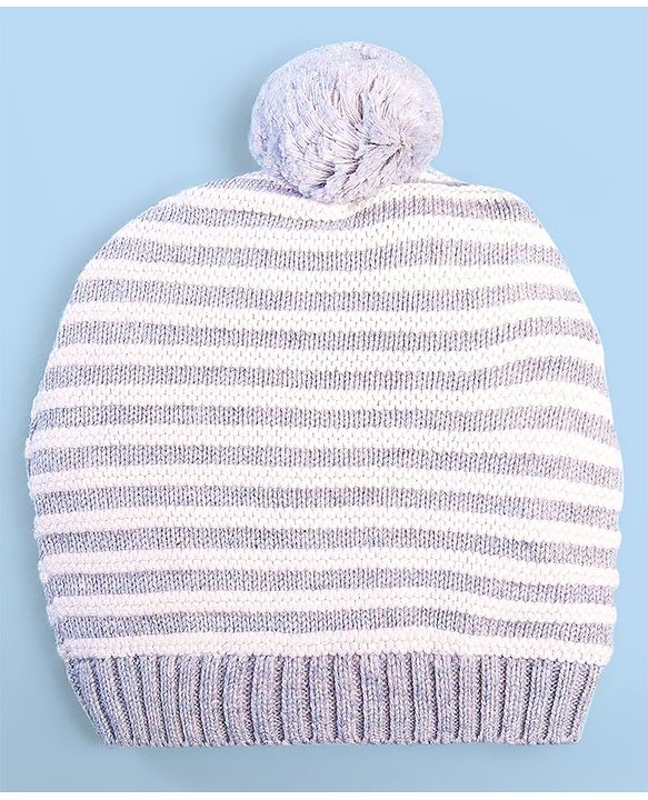 Babyhug 100% Cotton Organic Woollen Striped Caps With Mittens  - Grey & White