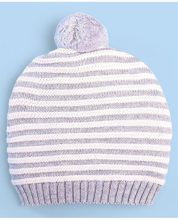 Babyhug 100% Cotton Organic Woollen Striped Caps With Mittens  - Grey & White