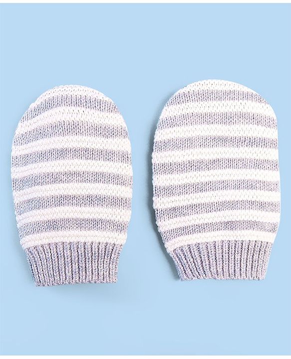 Babyhug 100% Cotton Organic Woollen Striped Caps With Mittens  - Grey & White