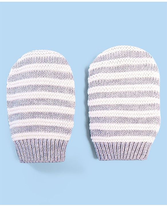 Babyhug 100% Cotton Organic Woollen Striped Caps With Mittens  - Grey & White