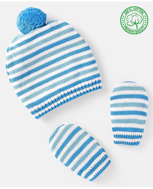 Babyhug 100% Organic Woollen Cap & Mittens With Pom Pom Applique & Strips Design Orange - Diameter 9.5 cm