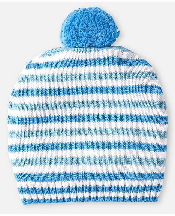 Babyhug 100% Organic Woollen Cap & Mittens With Pom Pom Applique & Strips Design Orange - Diameter 9.5 cm