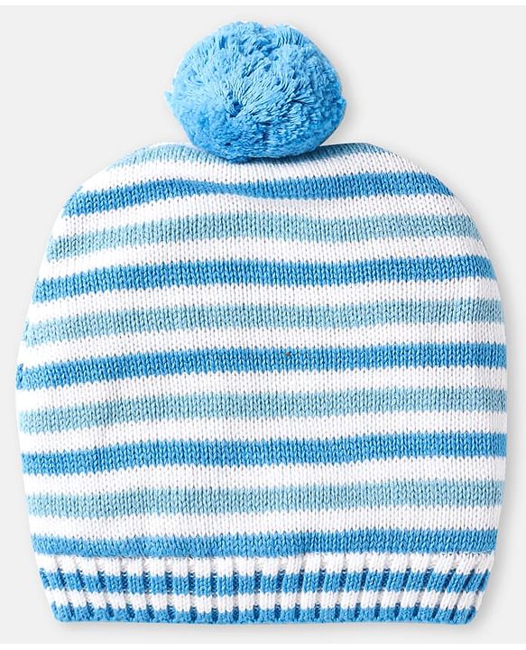 Babyhug 100% Organic Woollen Cap & Mittens With Pom Pom Applique & Strips Design Orange - Diameter 9.5 cm