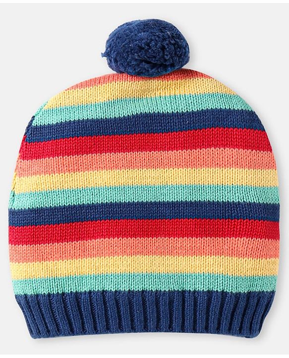 Babyhug 100% Organic Woollen Cap & Mittens With Pom Pom Applique & Strips Design Navy Blue - Diameter 9.5 cm