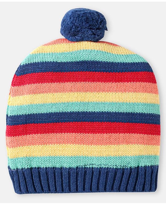 Babyhug 100% Organic Woollen Cap & Mittens With Pom Pom Applique & Strips Design Navy Blue - Diameter 9.5 cm