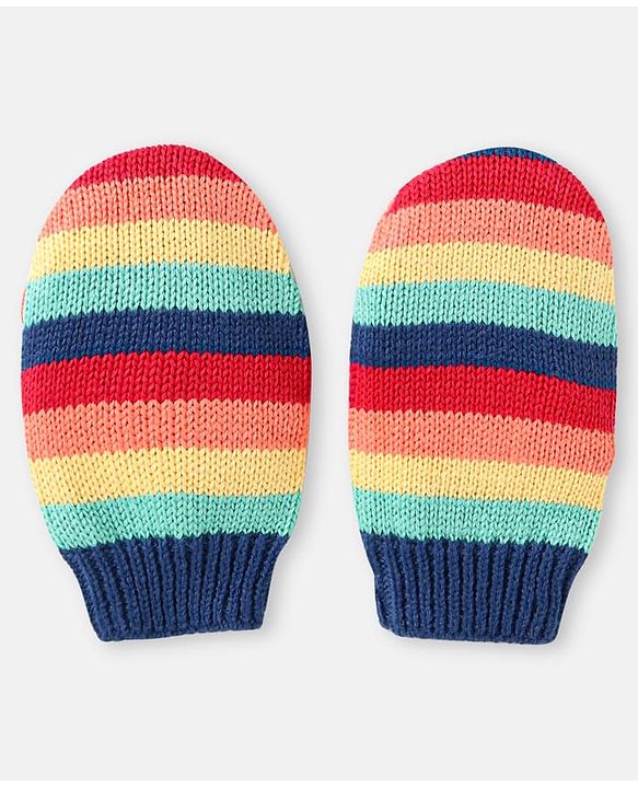 Babyhug 100% Organic Woollen Cap & Mittens With Pom Pom Applique & Strips Design Navy Blue - Diameter 9.5 cm