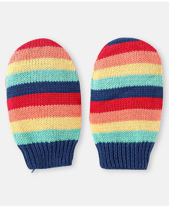 Babyhug 100% Organic Woollen Cap & Mittens With Pom Pom Applique & Strips Design Navy Blue - Diameter 9.5 cm