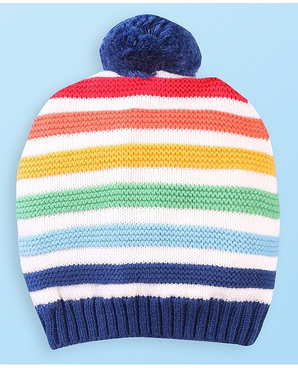 Babyhug Organic Woolen Striped Design Pom Pom Applique Cap With Mittens  Navy - Diameter 10.5
