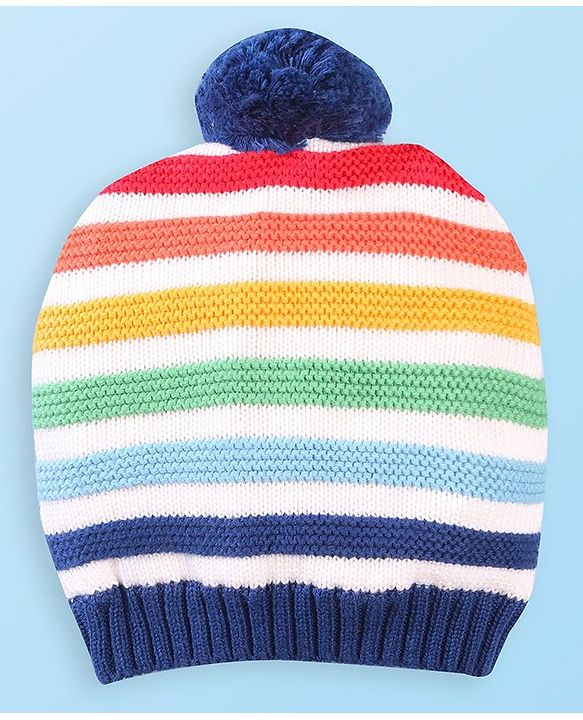 Babyhug Organic Woolen Striped Design Pom Pom Applique Cap With Mittens  Navy - Diameter 10.5