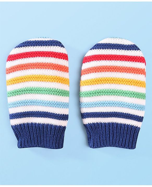 Babyhug Organic Woolen Striped Design Pom Pom Applique Cap With Mittens  Navy - Diameter 10.5