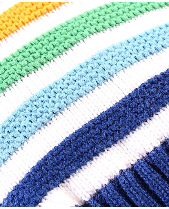 Babyhug Organic Woolen Striped Design Pom Pom Applique Cap With Mittens  Navy - Diameter 10.5