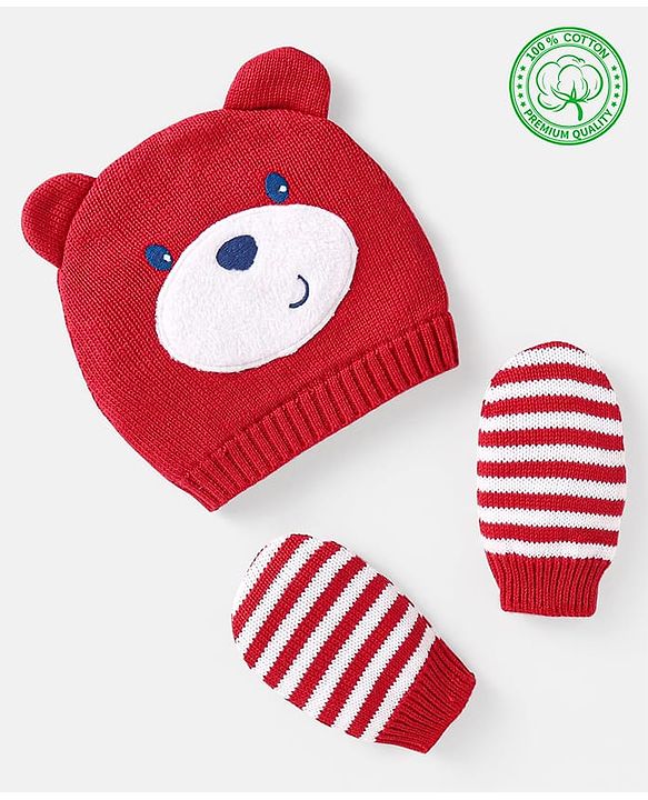 Babyhug 100% Organic Woollen Bear Cap & Mittens With Strips Design Red - Diameter 9.5 cm