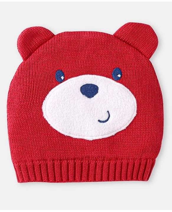 Babyhug 100% Organic Woollen Bear Cap & Mittens With Strips Design Red - Diameter 9.5 cm