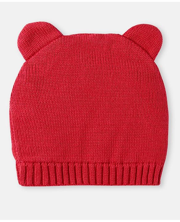 Babyhug 100% Organic Woollen Bear Cap & Mittens With Strips Design Red - Diameter 9.5 cm
