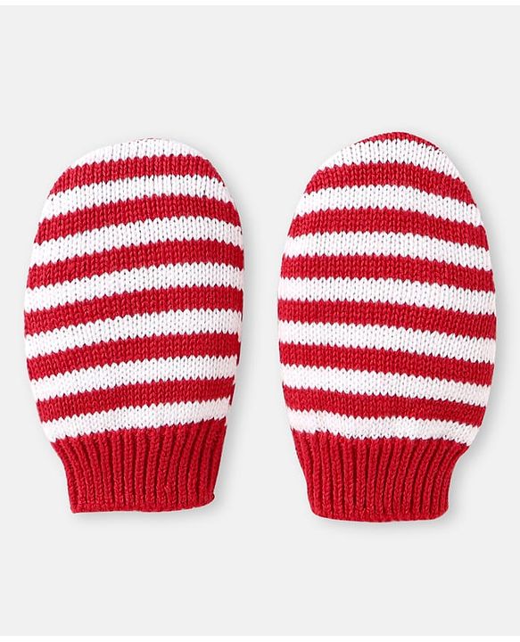 Babyhug 100% Organic Woollen Bear Cap & Mittens With Strips Design Red - Diameter 9.5 cm
