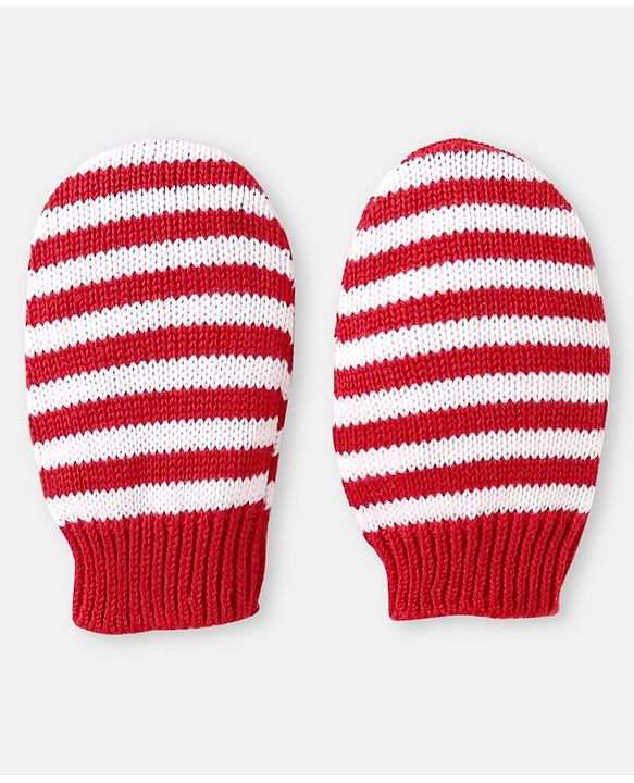 Babyhug 100% Organic Woollen Bear Cap & Mittens With Strips Design Red - Diameter 9.5 cm
