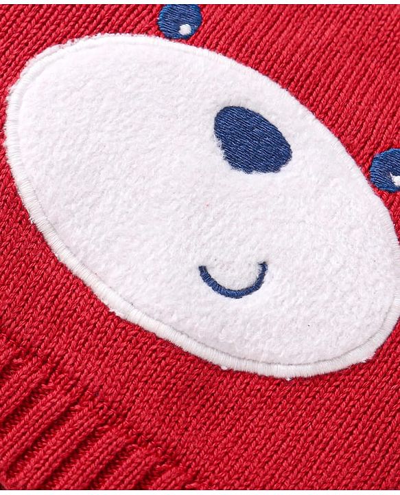 Babyhug 100% Organic Woollen Bear Cap & Mittens With Strips Design Red - Diameter 9.5 cm