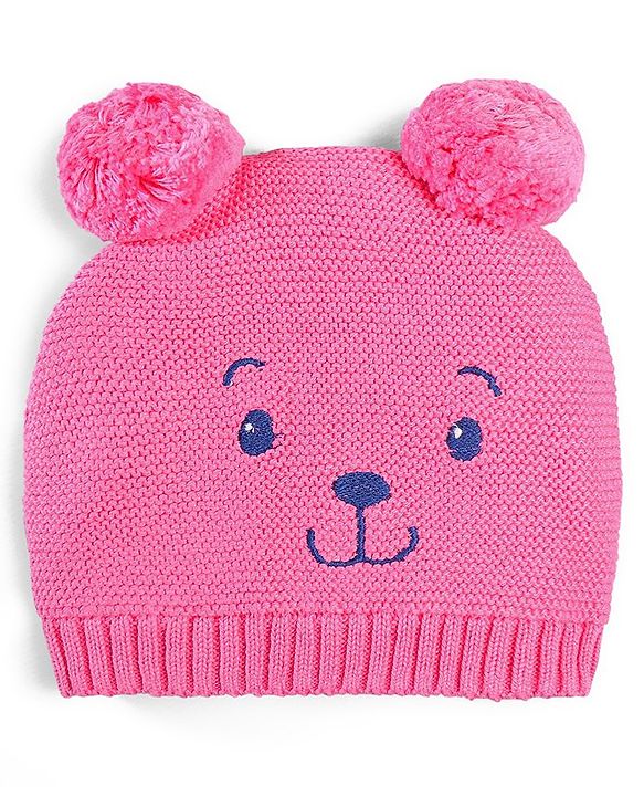 Babyhug 100% Cotton Organic Woollen  Caps With Mittens Bear Print - Pink