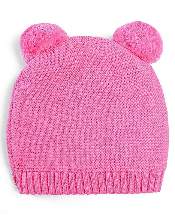 Babyhug 100% Cotton Organic Woollen  Caps With Mittens Bear Print - Pink