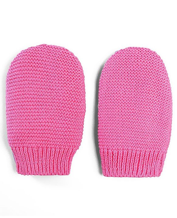 Babyhug 100% Cotton Organic Woollen  Caps With Mittens Bear Print - Pink