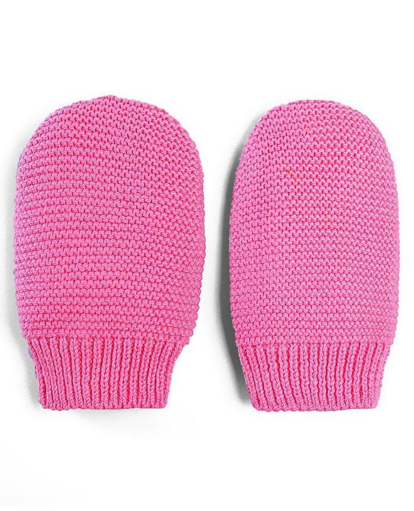 Babyhug 100% Cotton Organic Woollen  Caps With Mittens Bear Print - Pink