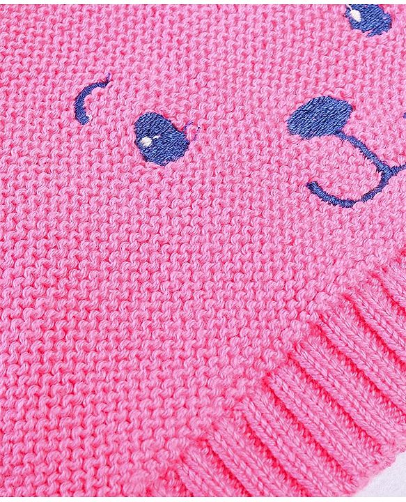 Babyhug 100% Cotton Organic Woollen  Caps With Mittens Bear Print - Pink