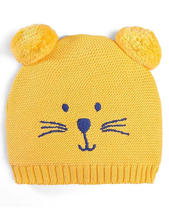 Babyhug 100% Cotton Organic Woollen Caps With Mittens Bear Print - Yellow