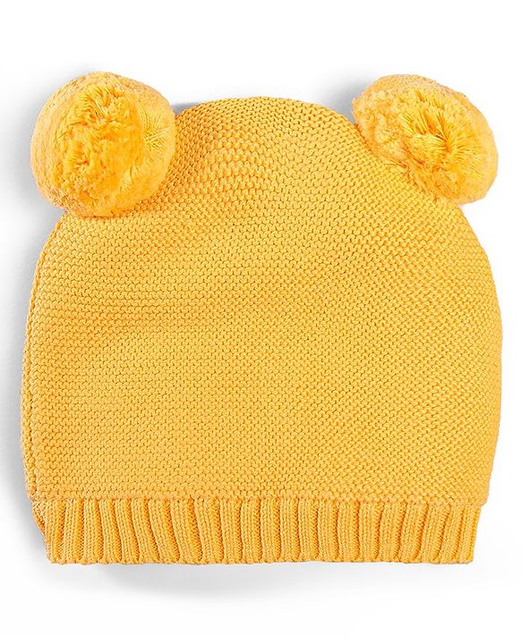 Babyhug 100% Cotton Organic Woollen Caps With Mittens Bear Print - Yellow