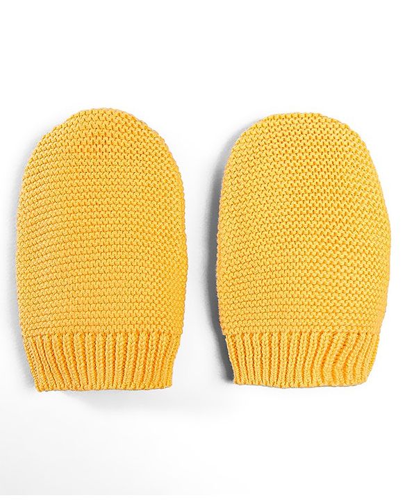 Babyhug 100% Cotton Organic Woollen Caps With Mittens Bear Print - Yellow