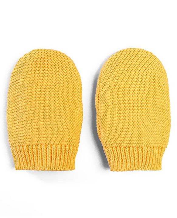 Babyhug 100% Cotton Organic Woollen Caps With Mittens Bear Print - Yellow