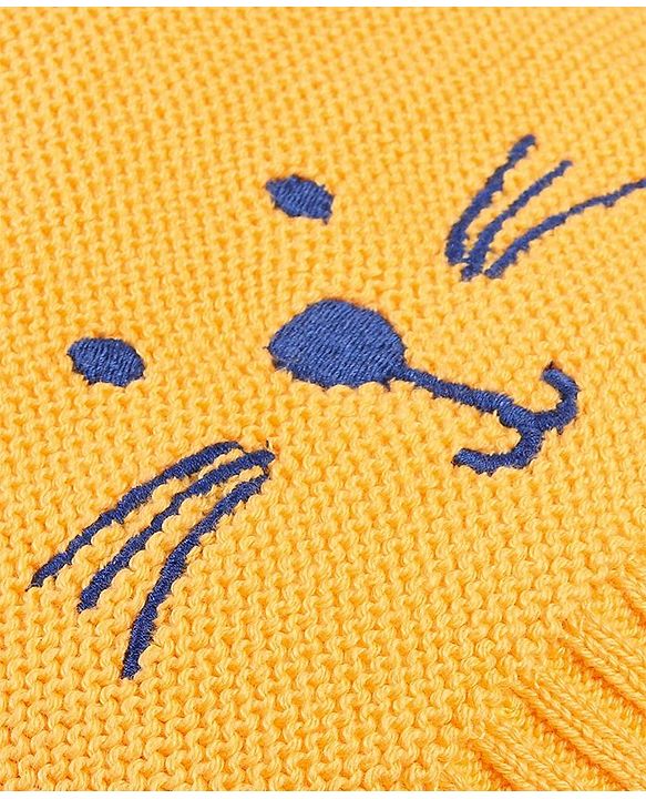 Babyhug 100% Cotton Organic Woollen Caps With Mittens Bear Print - Yellow
