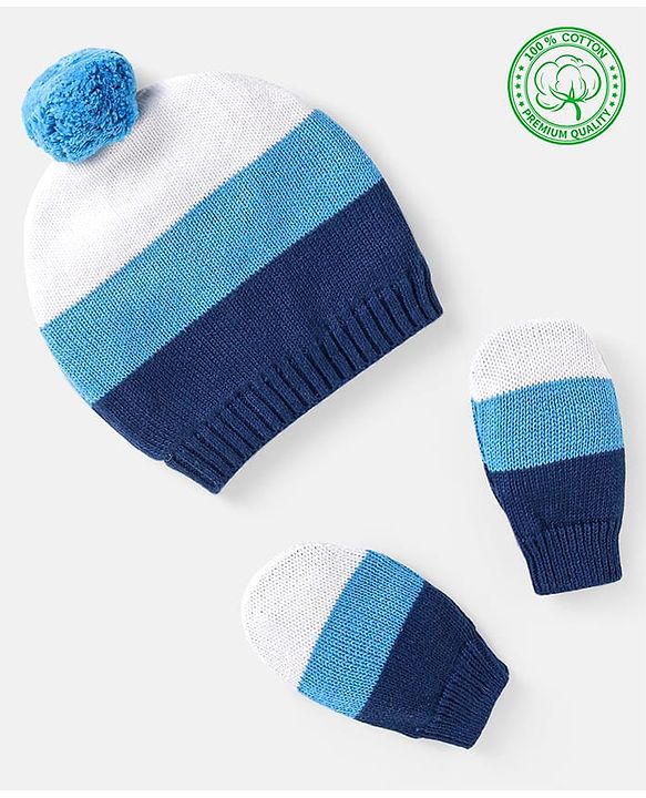 Babyhug 100% Organic Woollen Bear Cap & Mittens With Pom Pom Applique & Strips Design Blue & White - Diameter 9.5 cm