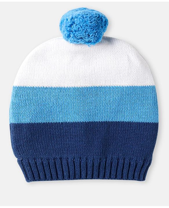 Babyhug 100% Organic Woollen Bear Cap & Mittens With Pom Pom Applique & Strips Design Blue & White - Diameter 9.5 cm