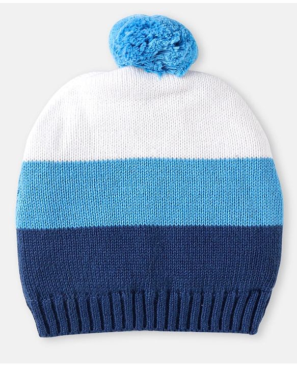 Babyhug 100% Organic Woollen Bear Cap & Mittens With Pom Pom Applique & Strips Design Blue & White - Diameter 9.5 cm