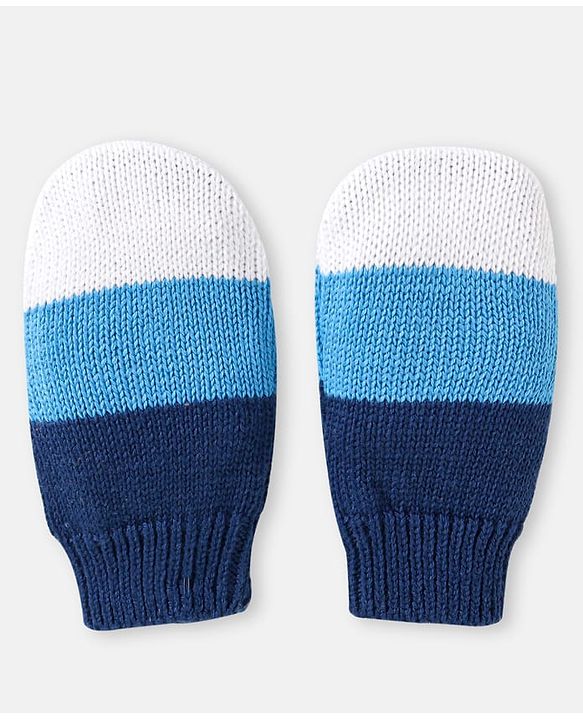 Babyhug 100% Organic Woollen Bear Cap & Mittens With Pom Pom Applique & Strips Design Blue & White - Diameter 9.5 cm
