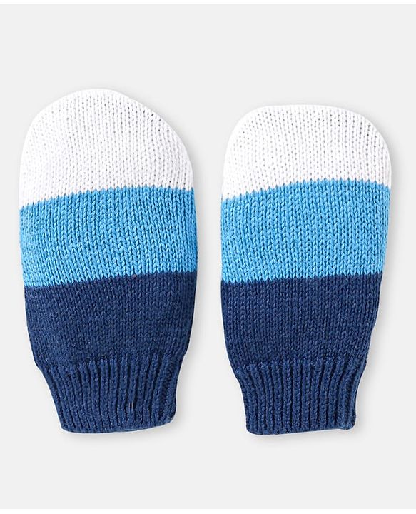 Babyhug 100% Organic Woollen Bear Cap & Mittens With Pom Pom Applique & Strips Design Blue & White - Diameter 9.5 cm