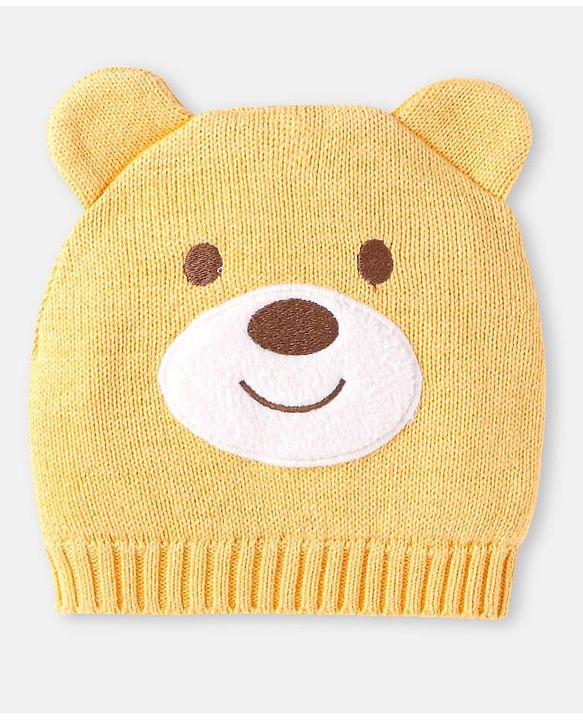Babyhug 100% Organic Woollen Bear Cap & Mittens With Khaki - Diameter 9.5 cm