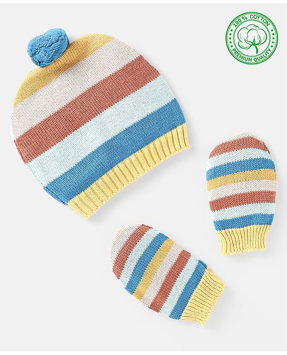 Babyhug 100% Organic Woollen Cap & Mittens With Pom Pom & Strips Design Blue & Brown - Diameter 9.5 cm