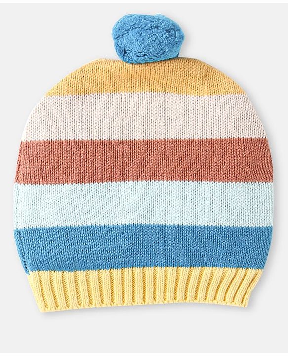 Babyhug 100% Organic Woollen Cap & Mittens With Pom Pom & Strips Design Blue & Brown - Diameter 9.5 cm