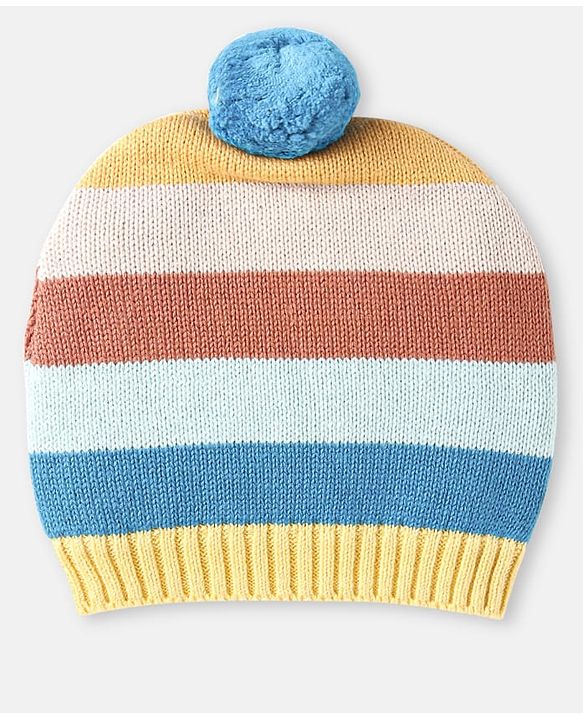 Babyhug 100% Organic Woollen Cap & Mittens With Pom Pom & Strips Design Blue & Brown - Diameter 9.5 cm